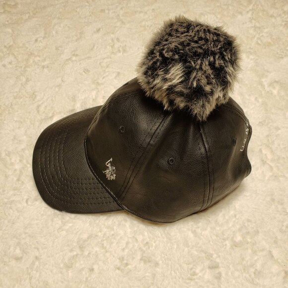 Vtg Y2K U.S. Polo Assn Black Faux Leather Cap Hat Pom Pom Adjustable Strap - Picture 4 of 6